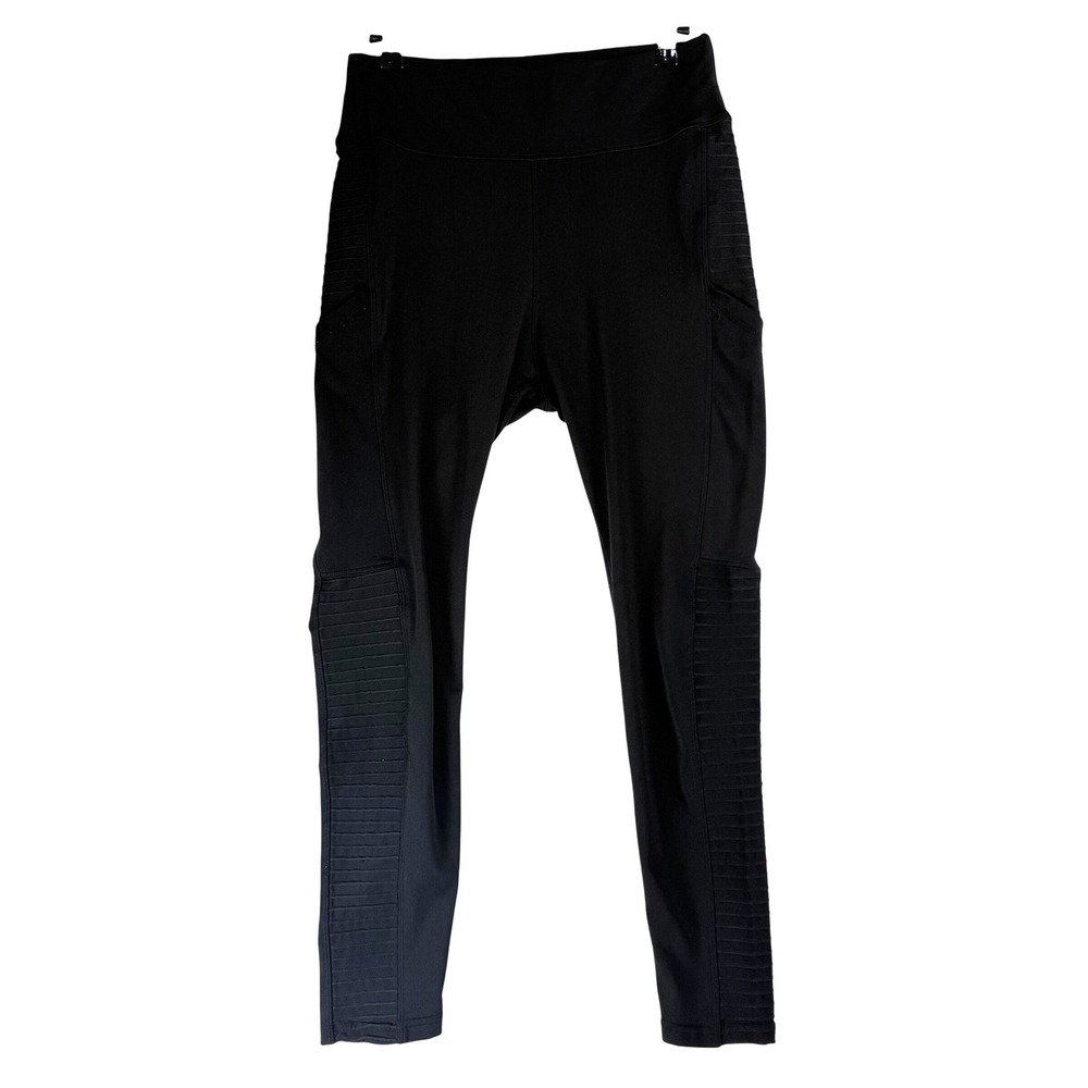 POP Fit Leggings Women Large Black Moto Ribbed Pockets Athleisure Biker Edgy